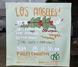 Poster for InterAmerican Coffee cupping at Pulley Collective in Los Angeles.