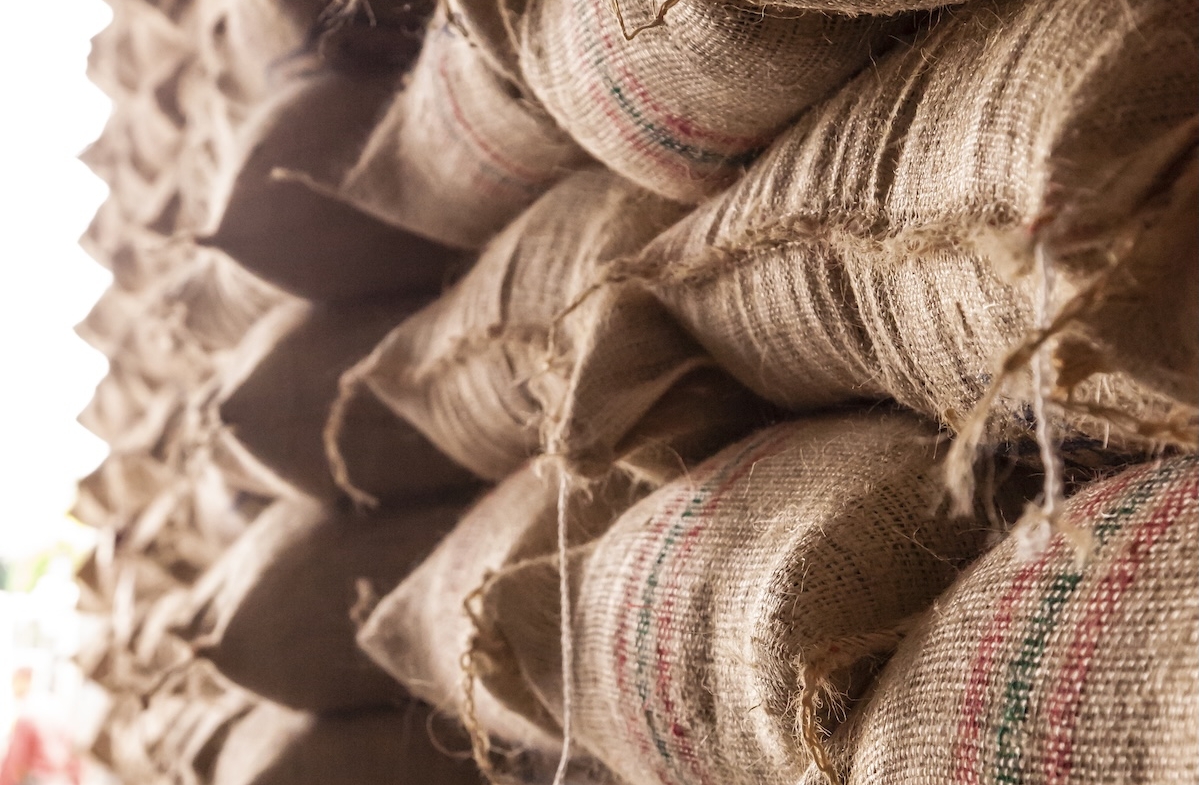 stacks of green coffee in jute bags